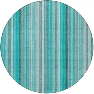 Photo of 8' Round Teal and Gray Round Striped Washable Non Skid Indoor Outdoor Area Rug