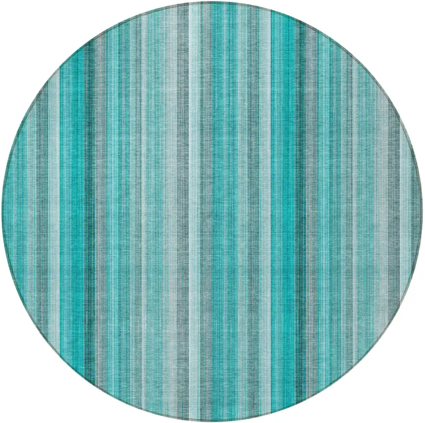 8' Round Teal and Gray Round Striped Washable Non Skid Indoor Outdoor Area Rug Photo 4