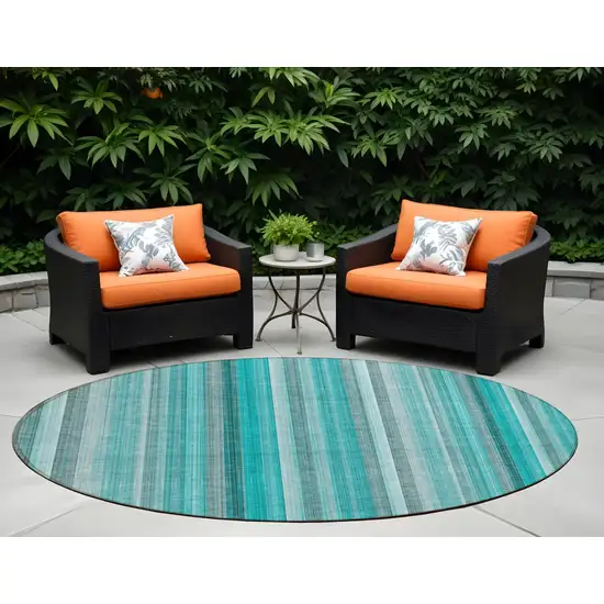 Teal and Gray Round Striped Washable Non Skid Indoor Outdoor Area Rug Photo 1