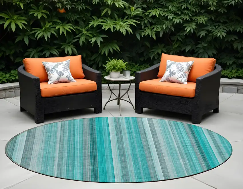 Teal and Gray Round Striped Washable Non Skid Indoor Outdoor Area Rug Photo 1