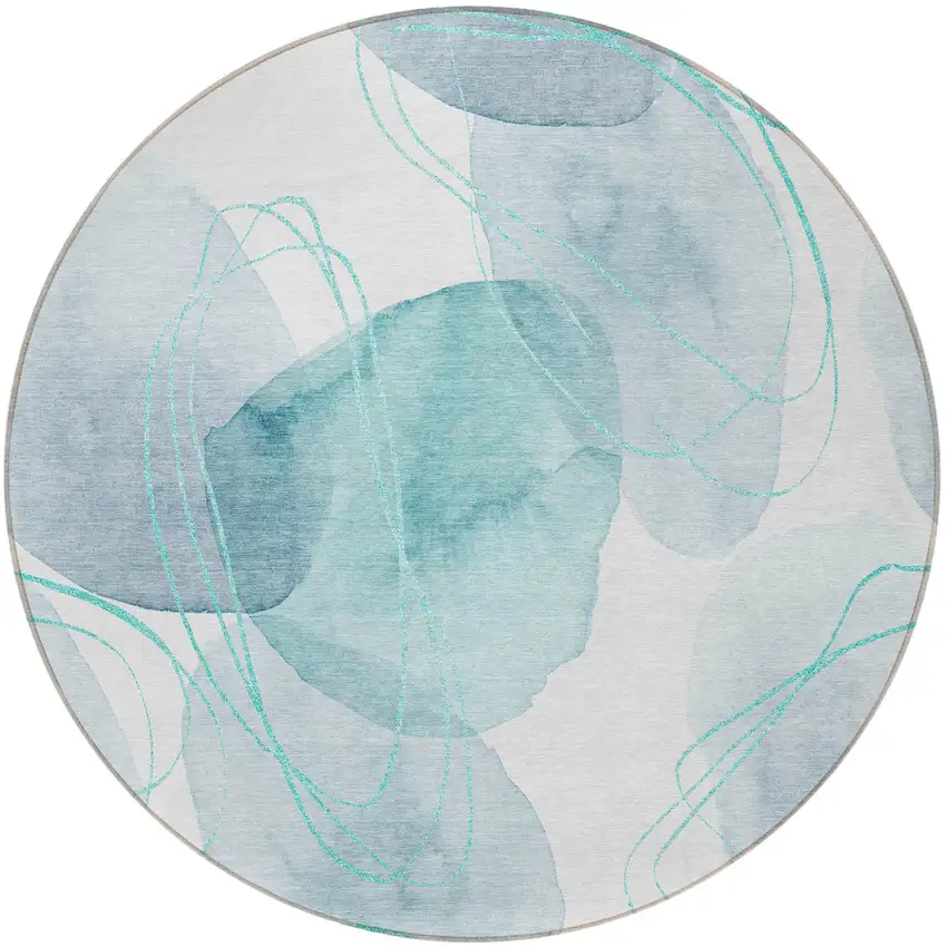 Teal and Ivory Round Abstract Washable Non Skid Indoor Outdoor Area Rug Photo 4