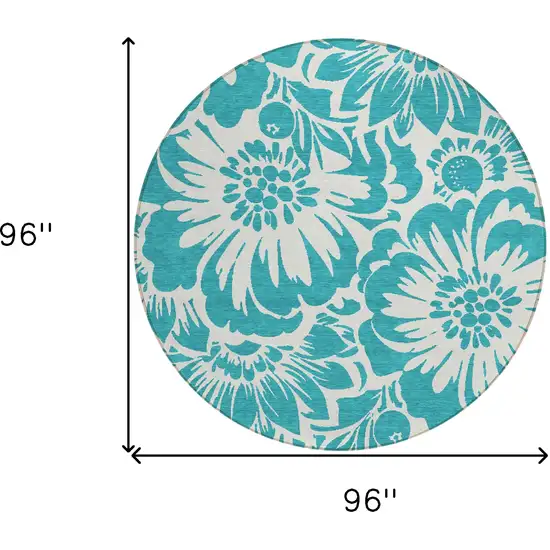 8' Round Teal and Ivory Round Floral Washable Non Skid Indoor Outdoor Area Rug Photo 8