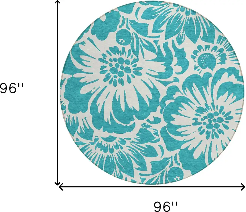 8' Round Teal and Ivory Round Floral Washable Non Skid Indoor Outdoor Area Rug Photo 8