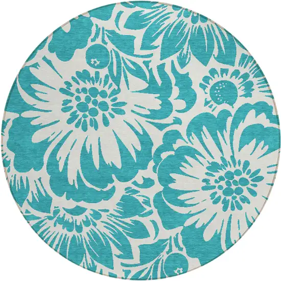 8' Round Teal and Ivory Round Floral Washable Non Skid Indoor Outdoor Area Rug Photo 1