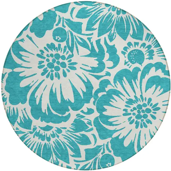 8' Round Teal and Ivory Round Floral Washable Non Skid Indoor Outdoor Area Rug Photo 1