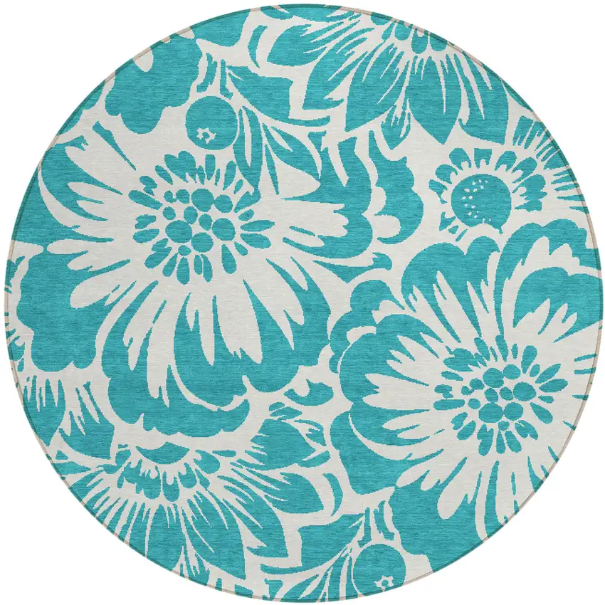 8' Round Teal and Ivory Round Floral Washable Non Skid Indoor Outdoor Area Rug Photo 1