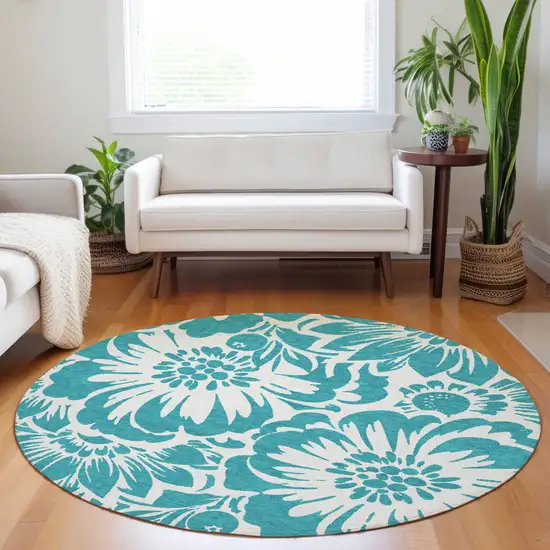 Teal and Ivory Round Floral Washable Non Skid Indoor Outdoor Area Rug Photo 7