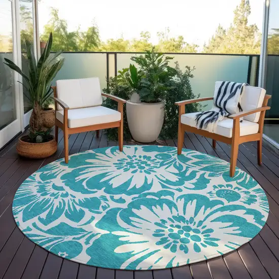 8' Round Teal and Ivory Round Floral Washable Non Skid Indoor Outdoor Area Rug Photo 6