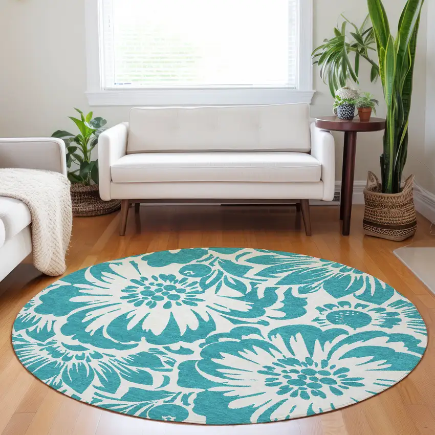 8' Round Teal and Ivory Round Floral Washable Non Skid Indoor Outdoor Area Rug Photo 7