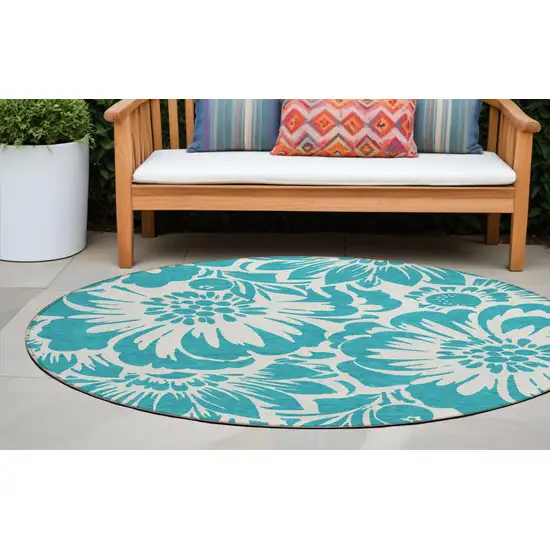 Teal and Ivory Round Floral Washable Non Skid Indoor Outdoor Area Rug Photo 1