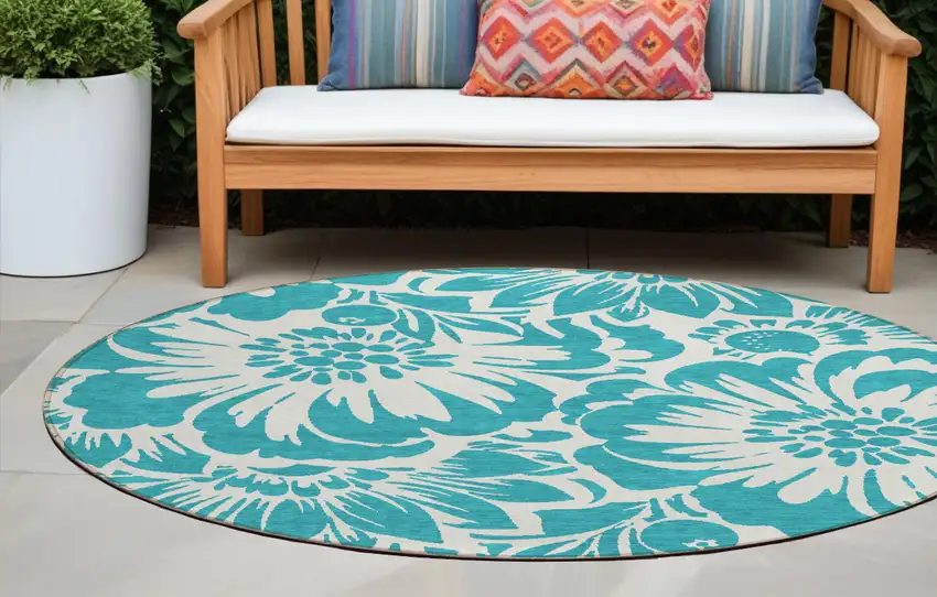 Teal and Ivory Round Floral Washable Non Skid Indoor Outdoor Area Rug Photo 1