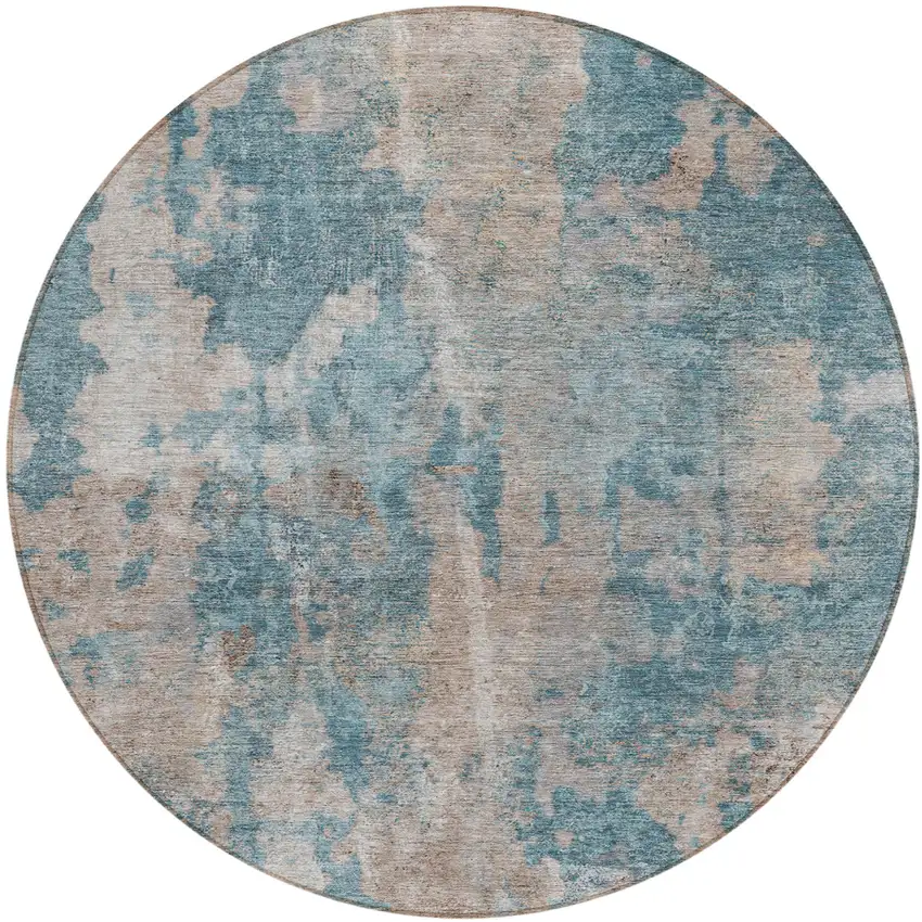 8' Round Teal and Taupe Round Abstract Washable Non Skid Indoor Outdoor Area Rug Photo 2