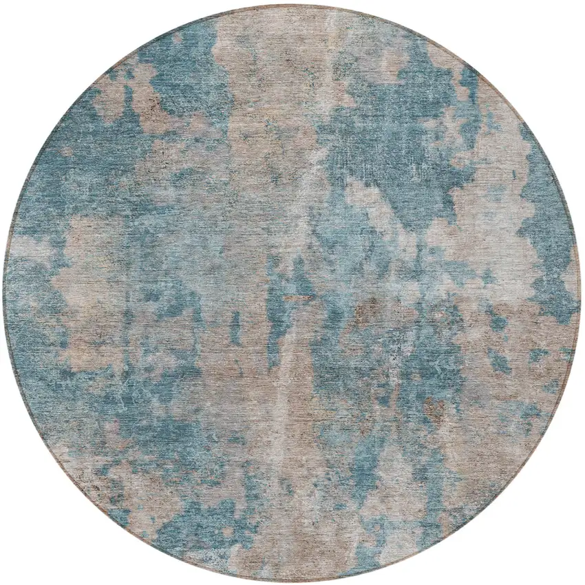 8' Round Teal and Taupe Round Abstract Washable Non Skid Indoor Outdoor Area Rug Photo 4