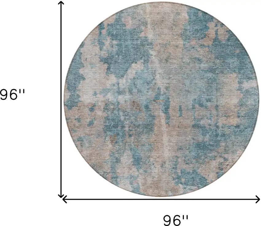 8' Round Teal and Taupe Round Abstract Washable Non Skid Indoor Outdoor Area Rug Photo 3