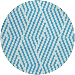 Photo of 8' Round Teal and White Round Geometric Washable Non Skid Indoor Outdoor Area Rug