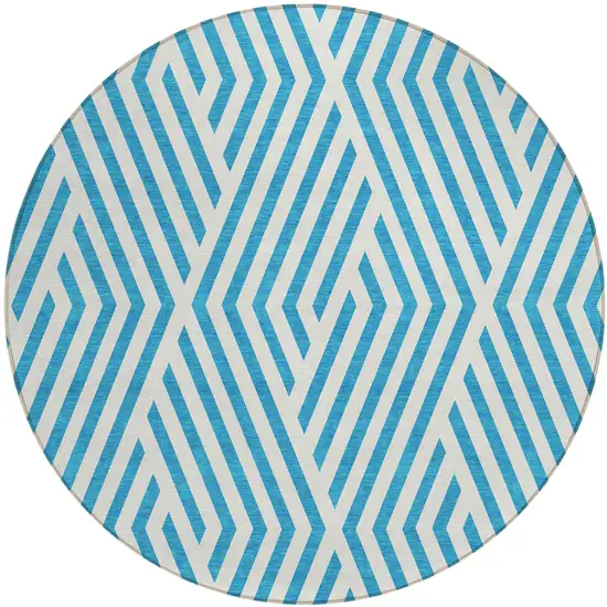 8' Round Teal and White Round Geometric Washable Non Skid Indoor Outdoor Area Rug Photo 2