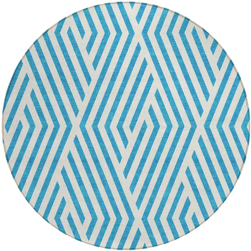 8' Round Teal and White Round Geometric Washable Non Skid Indoor Outdoor Area Rug Photo 2
