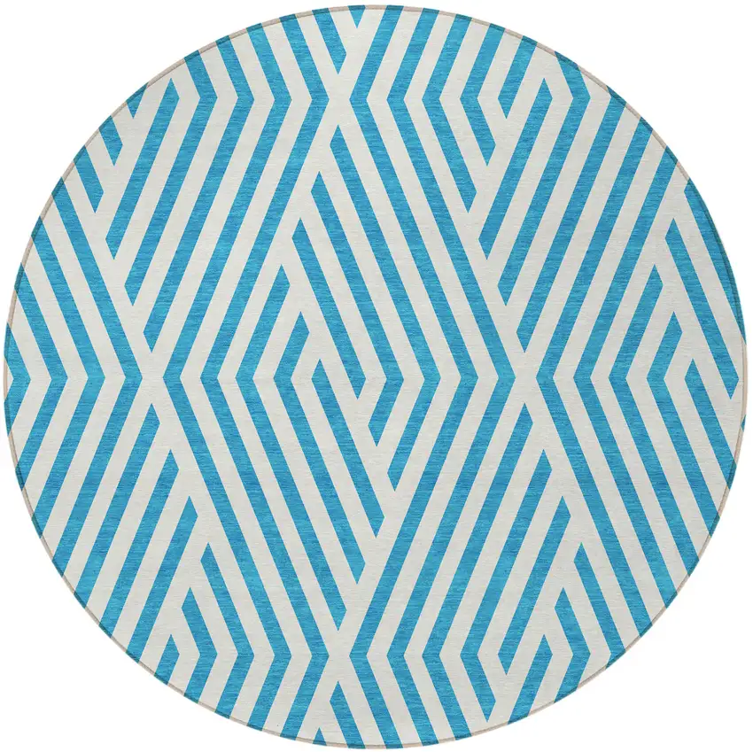 Teal and White Round Geometric Washable Non Skid Indoor Outdoor Area Rug Photo 4