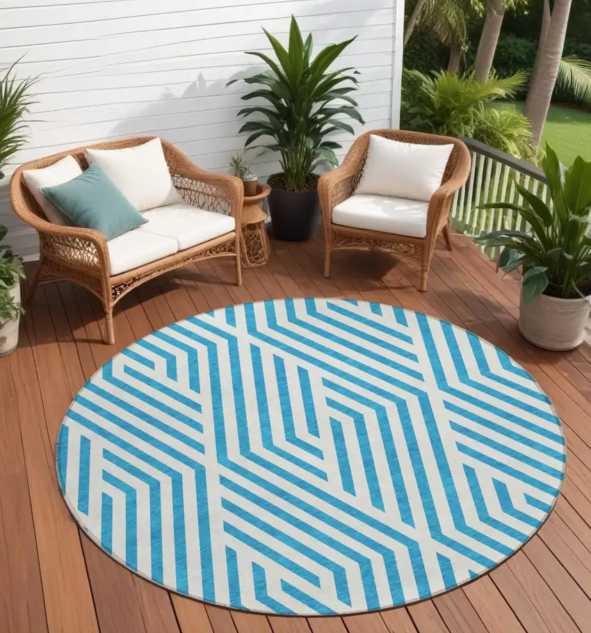 Teal and White Round Geometric Washable Non Skid Indoor Outdoor Area Rug Photo 1