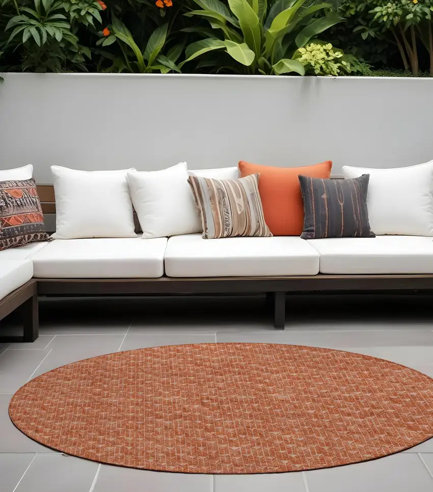 8' Round Terra Cotta Round Geometric Washable Non Skid Indoor Outdoor Area Rug Photo 1