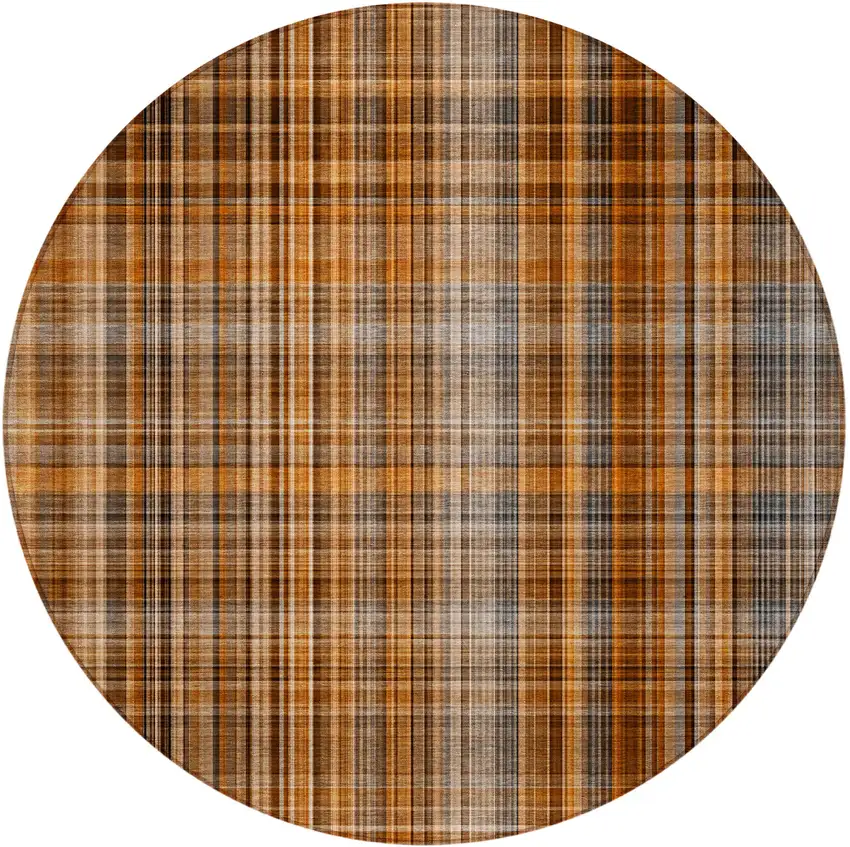 8' Round Terra Cotta Round Plaid Washable Non Skid Indoor Outdoor Area Rug Photo 4