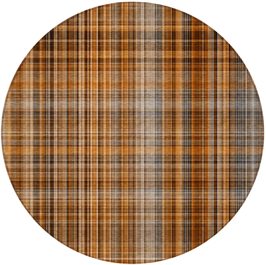 Terra Cotta Round Plaid Washable Non Skid Indoor Outdoor Area Rug Photo 5