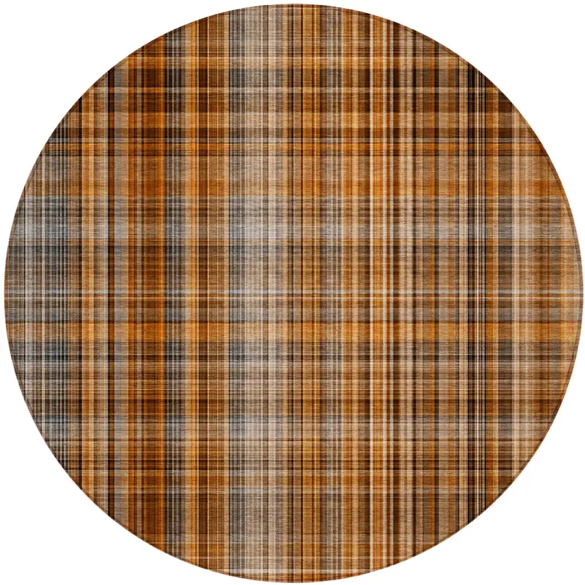 Terra Cotta Round Plaid Washable Non Skid Indoor Outdoor Area Rug Photo 2