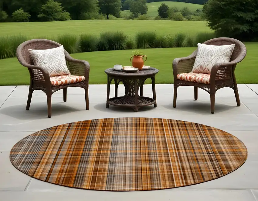 Terra Cotta Round Plaid Washable Non Skid Indoor Outdoor Area Rug Photo 1