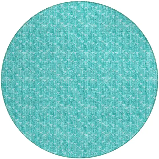8' Round Turquoise Round Geometric Washable Non Skid Indoor Outdoor Area Rug Photo 2