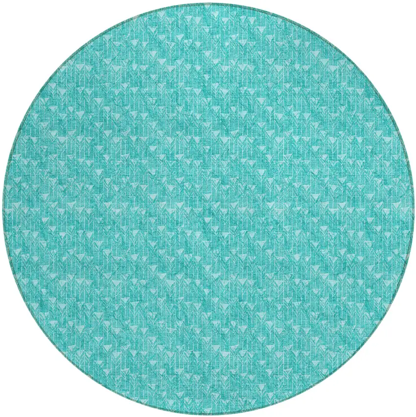 8' Round Turquoise Round Geometric Washable Non Skid Indoor Outdoor Area Rug Photo 2
