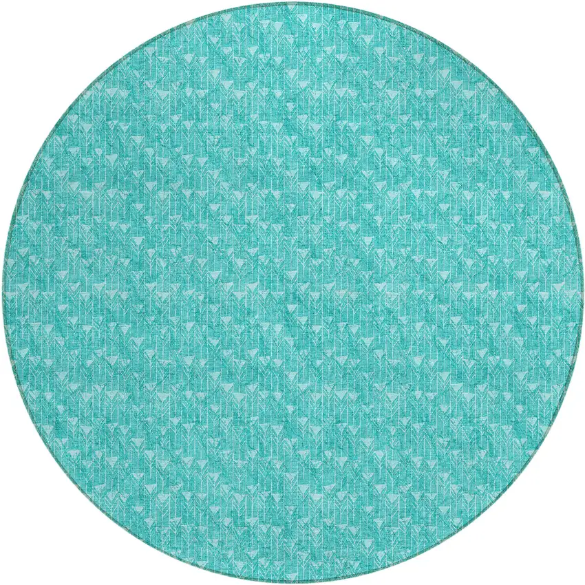 8' Round Turquoise Round Geometric Washable Non Skid Indoor Outdoor Area Rug Photo 2