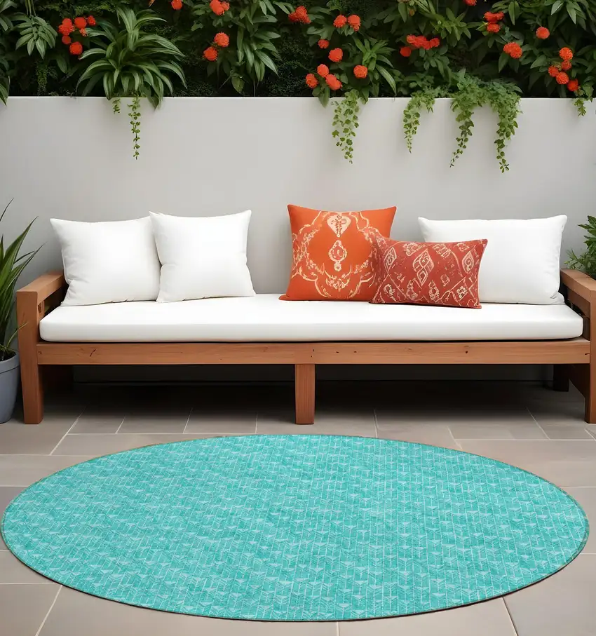 8' Round Turquoise Round Geometric Washable Non Skid Indoor Outdoor Area Rug Photo 1