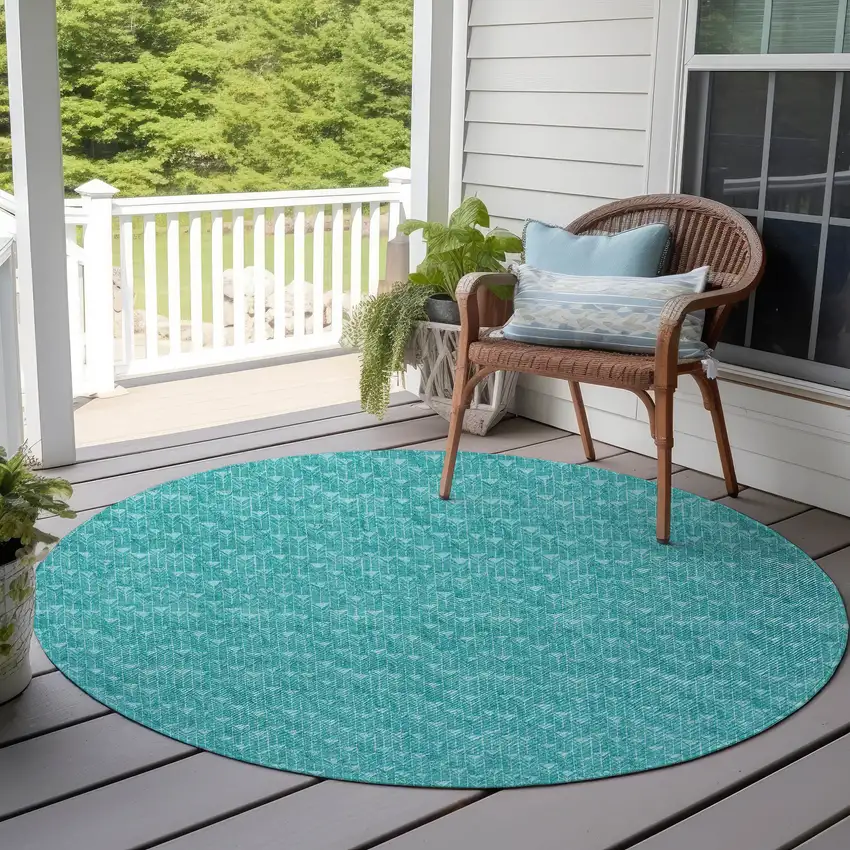 Turquoise Round Geometric Washable Non Skid Indoor Outdoor Area Rug Photo 7
