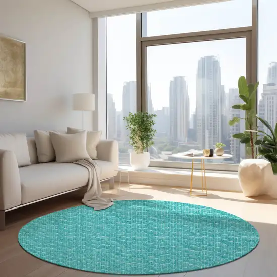8' Round Turquoise Round Geometric Washable Non Skid Indoor Outdoor Area Rug Photo 8