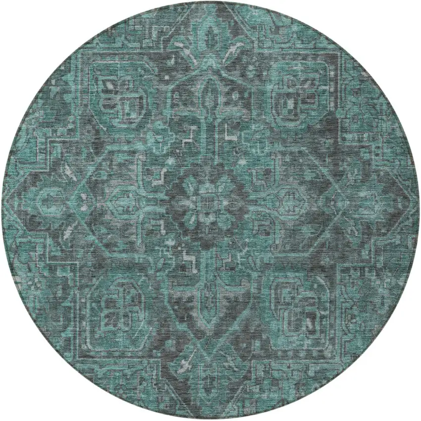8' Round Turquoise Round Oriental Washable Non Skid Indoor Outdoor Area Rug Photo 4