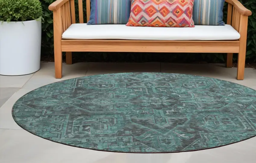 8' Round Turquoise Round Oriental Washable Non Skid Indoor Outdoor Area Rug Photo 1