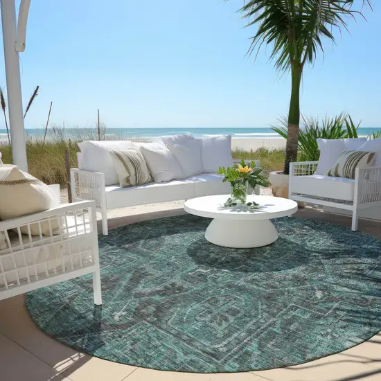 Turquoise Round Oriental Washable Non Skid Indoor Outdoor Area Rug Photo 8
