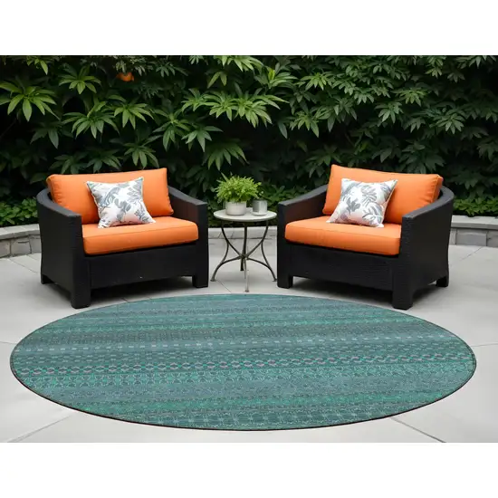 Turquoise Round Striped Washable Non Skid Indoor Outdoor Area Rug Photo 1