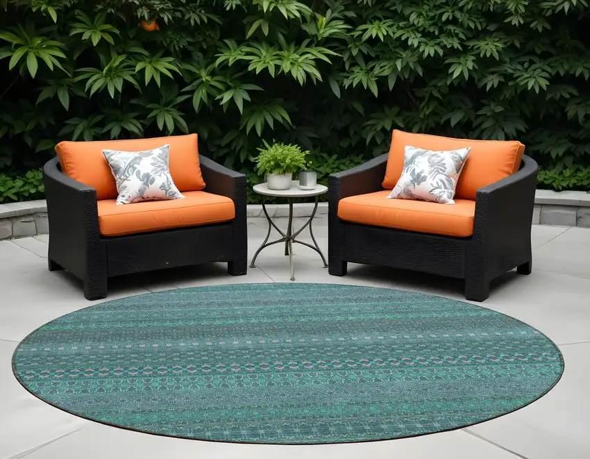 8' Round Turquoise Round Striped Washable Non Skid Indoor Outdoor Area Rug Photo 1