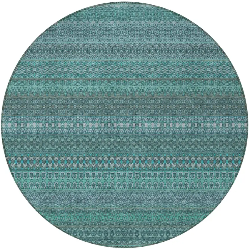 Turquoise Round Striped Washable Non Skid Indoor Outdoor Area Rug Photo 4