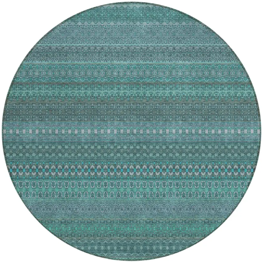 8' Round Turquoise Round Striped Washable Non Skid Indoor Outdoor Area Rug Photo 2