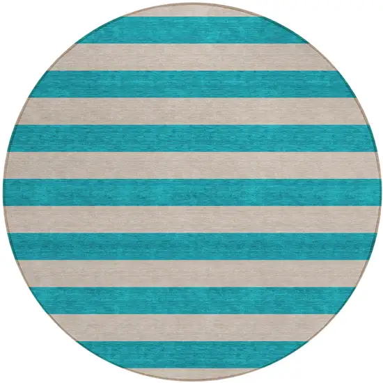 8' Round Turquoise Round Striped Washable Non Skid Indoor Outdoor Area Rug Photo 2