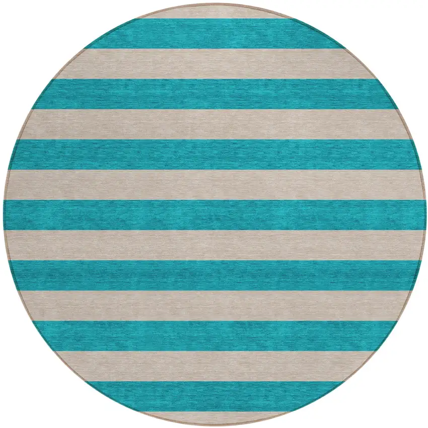8' Round Turquoise Round Striped Washable Non Skid Indoor Outdoor Area Rug Photo 2