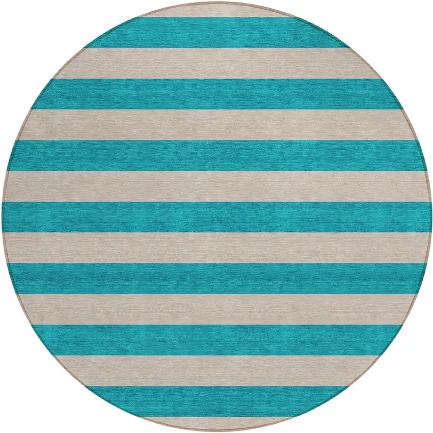 8' Round Turquoise Round Striped Washable Non Skid Indoor Outdoor Area Rug Photo 2