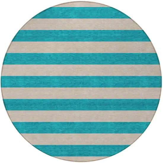 Turquoise Round Striped Washable Non Skid Indoor Outdoor Area Rug Photo 4