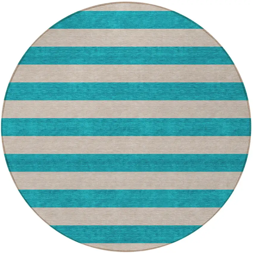 Turquoise Round Striped Washable Non Skid Indoor Outdoor Area Rug Photo 4