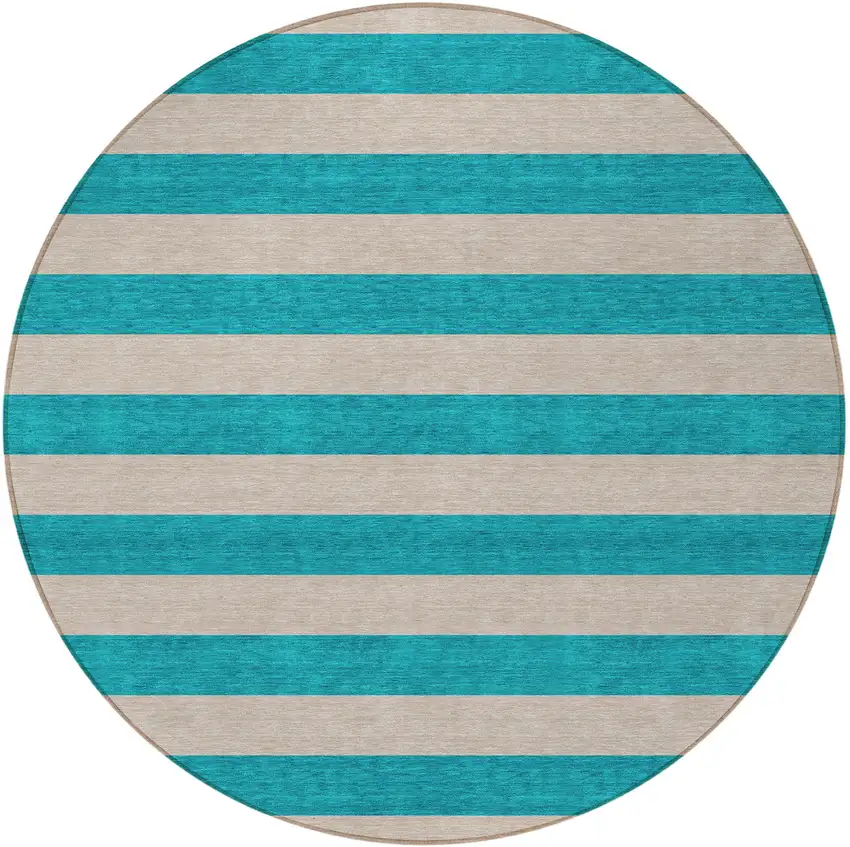 8' Round Turquoise Round Striped Washable Non Skid Indoor Outdoor Area Rug Photo 5