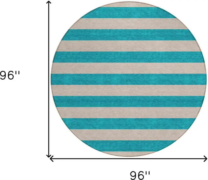 8' Round Turquoise Round Striped Washable Non Skid Indoor Outdoor Area Rug Photo 3