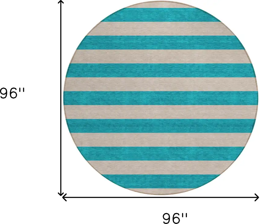 8' Round Turquoise Round Striped Washable Non Skid Indoor Outdoor Area Rug Photo 3