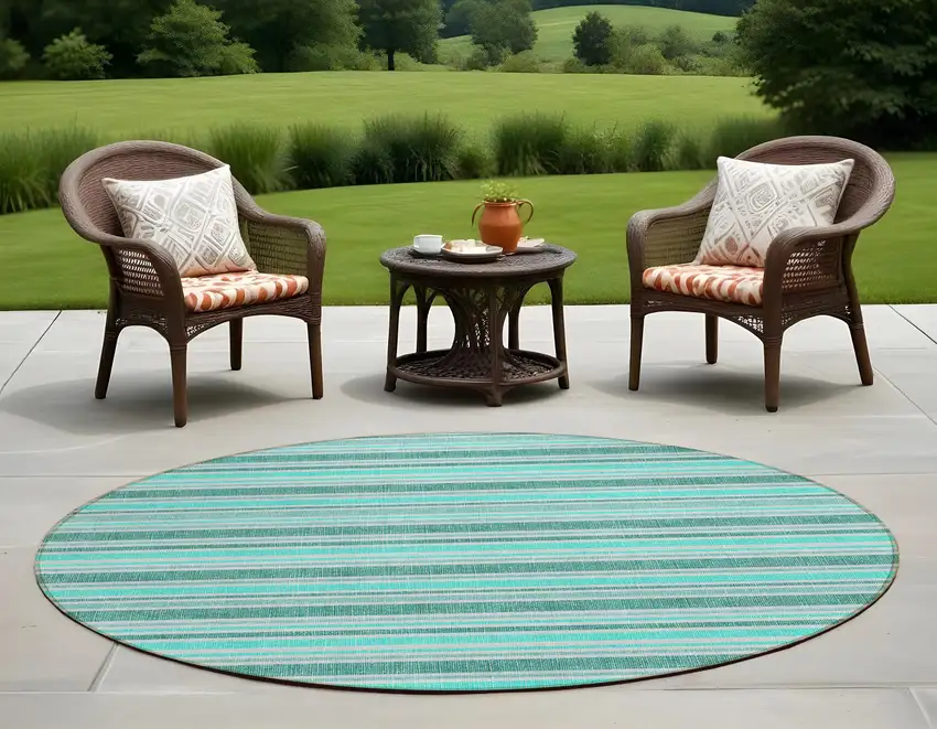 Turquoise Round Striped Washable Indoor Outdoor Area Rug Photo 1